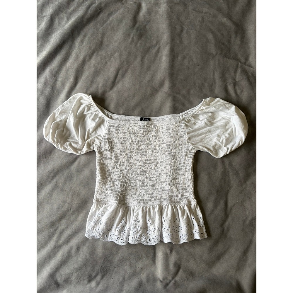 Justify White Smocked Off The Shoulder Puff Sleeve Eyelet Peplum Top Large